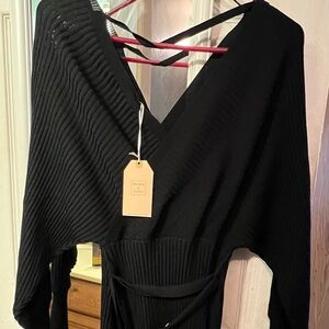 Black V-Neck Ribbed Dress